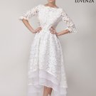 White Lace High Low Lace Wedding Dress with Exposed Organza Layered Skirt Hem