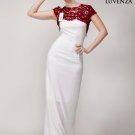 Red and White Chiffon and Floral Lace Maxi Length Formal Gown with Back Slit