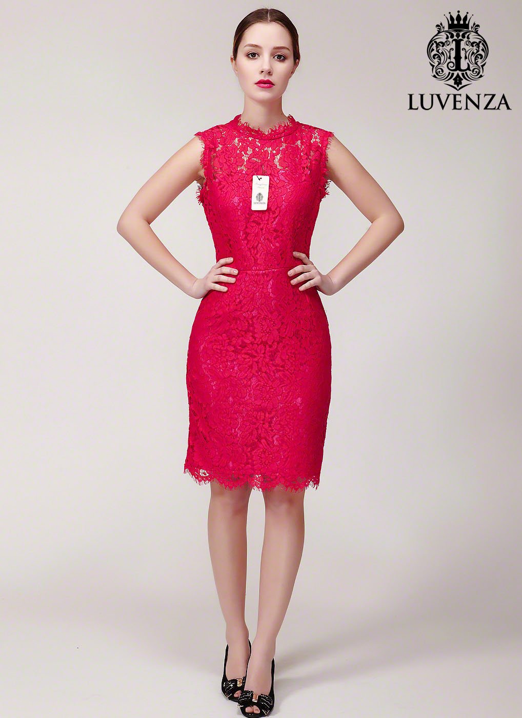 Deep Pink Floral Lace Sheath Silhouette Cocktail Mini Dress with Satin Bow Detail
