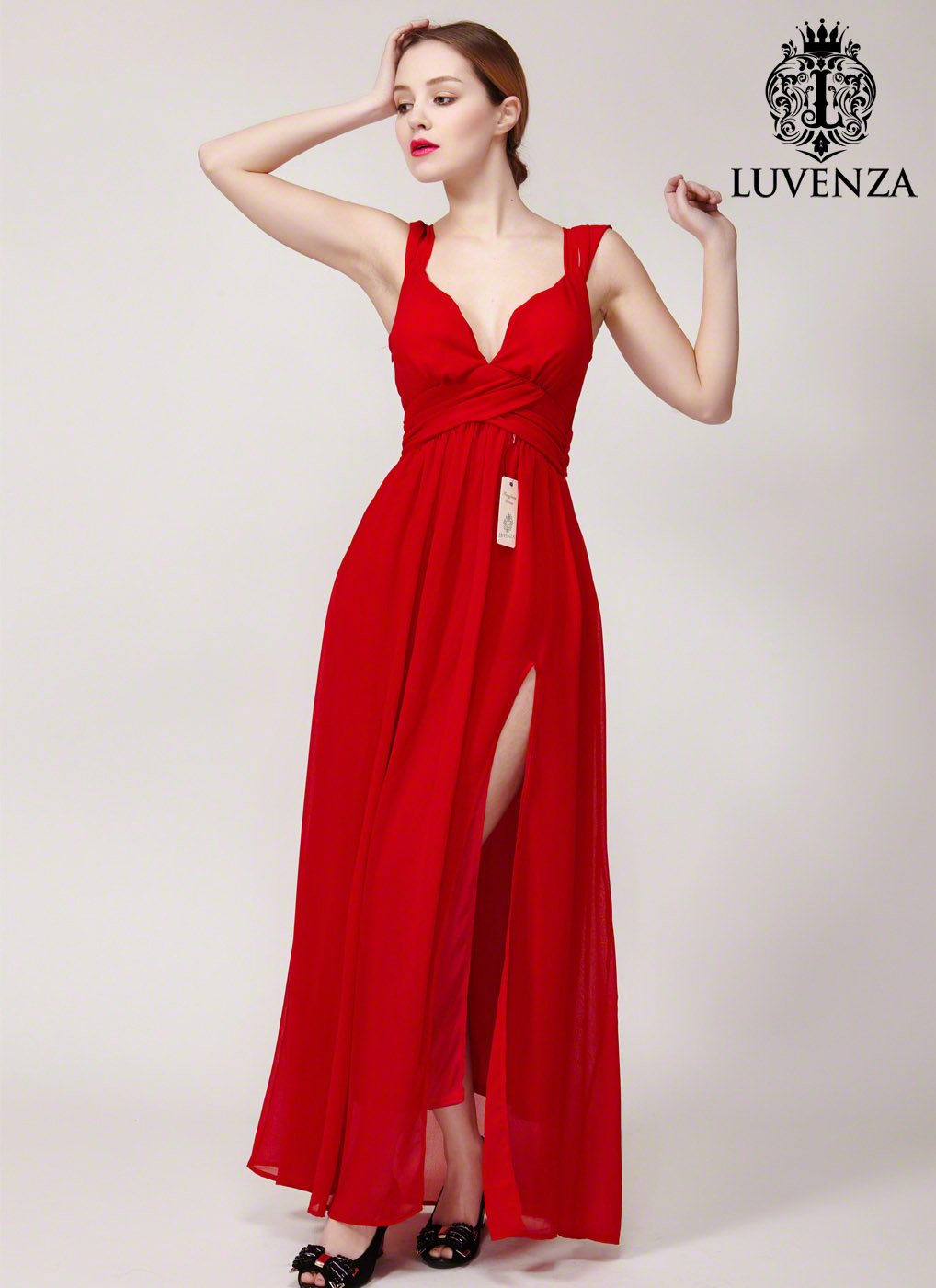 Open Back Red Maxi Length Evening Gown with Skirt Slit and Ruched Empire Waistline