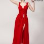 Open Back Red Maxi Length Evening Gown with Skirt Slit and Ruched Empire Waistline