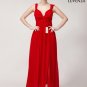 Open Back Red Maxi Length Evening Gown with Skirt Slit and Ruched Empire Waistline