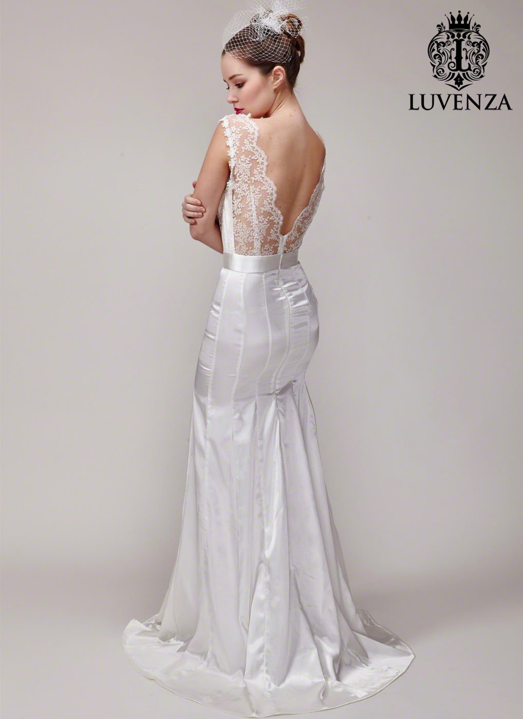 Deep V Back White Lace Satin Mermaid Silhouette Wedding Dress Evening Gown