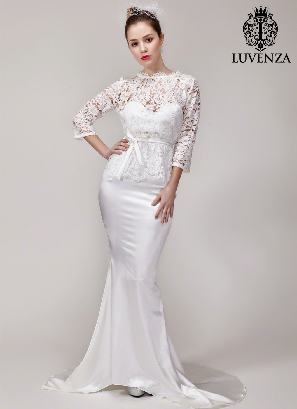Long Sleeve Lace Peplum Wedding Gown with Satin Mermaid Skirt and Short ...