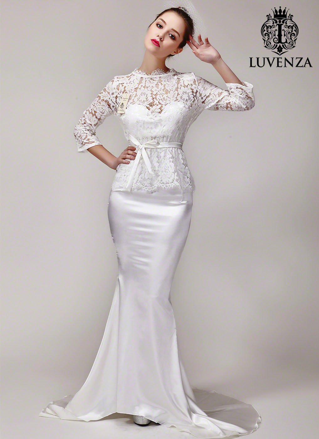 Long Sleeve Lace Peplum Wedding Gown with Satin Mermaid Skirt and Short ...