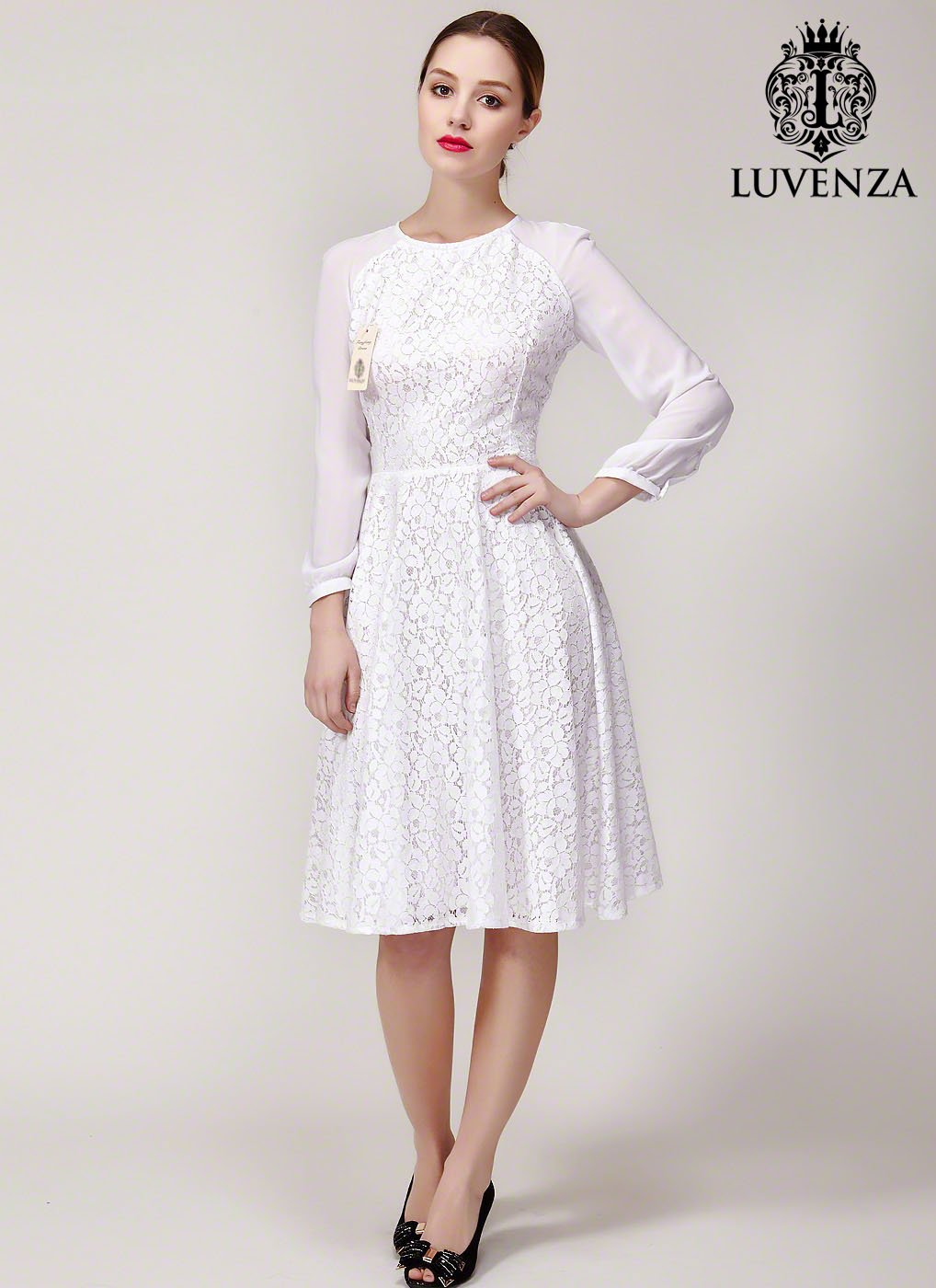 White Lace Fit and Flare Mini Dress with Raglan Sleeves