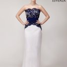 Strapless Navy Lace Peplum Prom Dress with Asymmetric Peplum and White Chiffon Skirt
