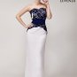 Strapless Navy Lace Peplum Prom Dress with Asymmetric Peplum and White Chiffon Skirt