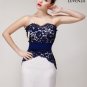 Strapless Navy Lace Peplum Prom Dress with Asymmetric Peplum and White Chiffon Skirt