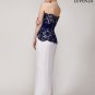 Strapless Navy Lace Peplum Prom Dress with Asymmetric Peplum and White Chiffon Skirt
