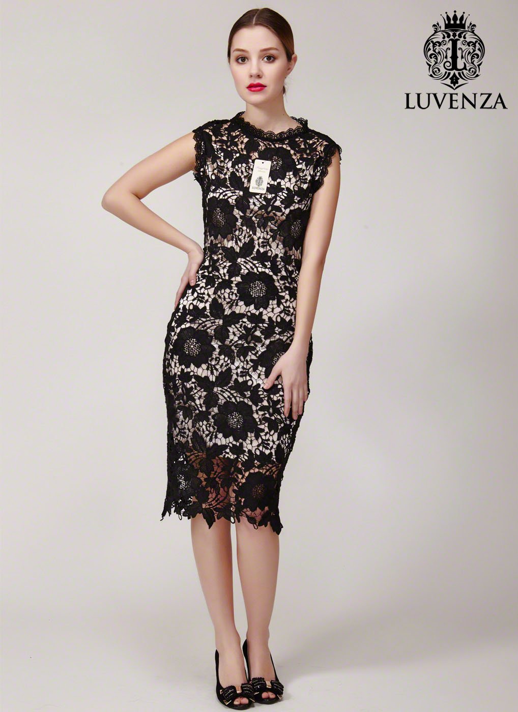 Black Lace Sheath Mini Dress with Scalloped Hem and Nude Lining