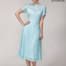 Pale Turquoise Embroidered Silk Lace Prom Dress in Tea Length