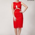 Red Lace Sheath Dress with Sheer See-Through Angled Organza Waist