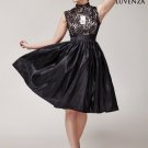 Fit and Flare Black Lace Satin Mini Dress with Stand Collar and Nude Lining