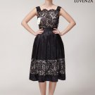 Court Neck Black Lace Satin Mini Dress with Nude Lining and Eyelash Details