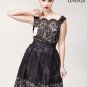 Court Neck Black Lace Satin Mini Dress with Nude Lining and Eyelash Details