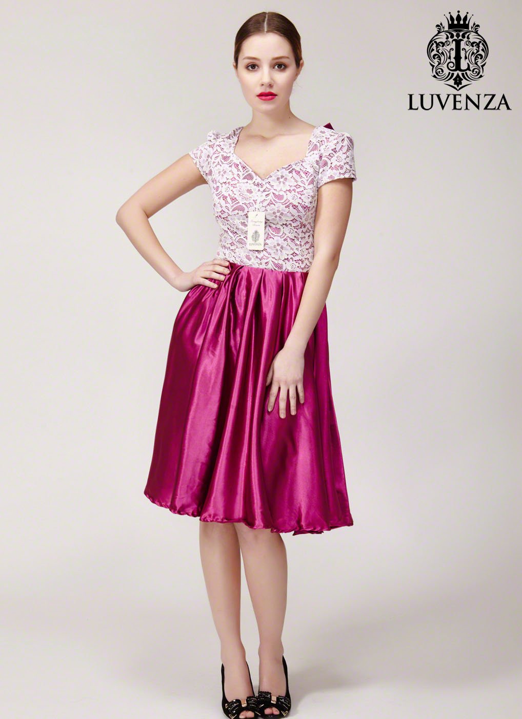 Open Back Deep Pink Lace Satin Mini Fit and Flare Dress with White Lace Top