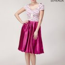 Open Back Deep Pink Lace Satin Mini Fit and Flare Dress with White Lace Top