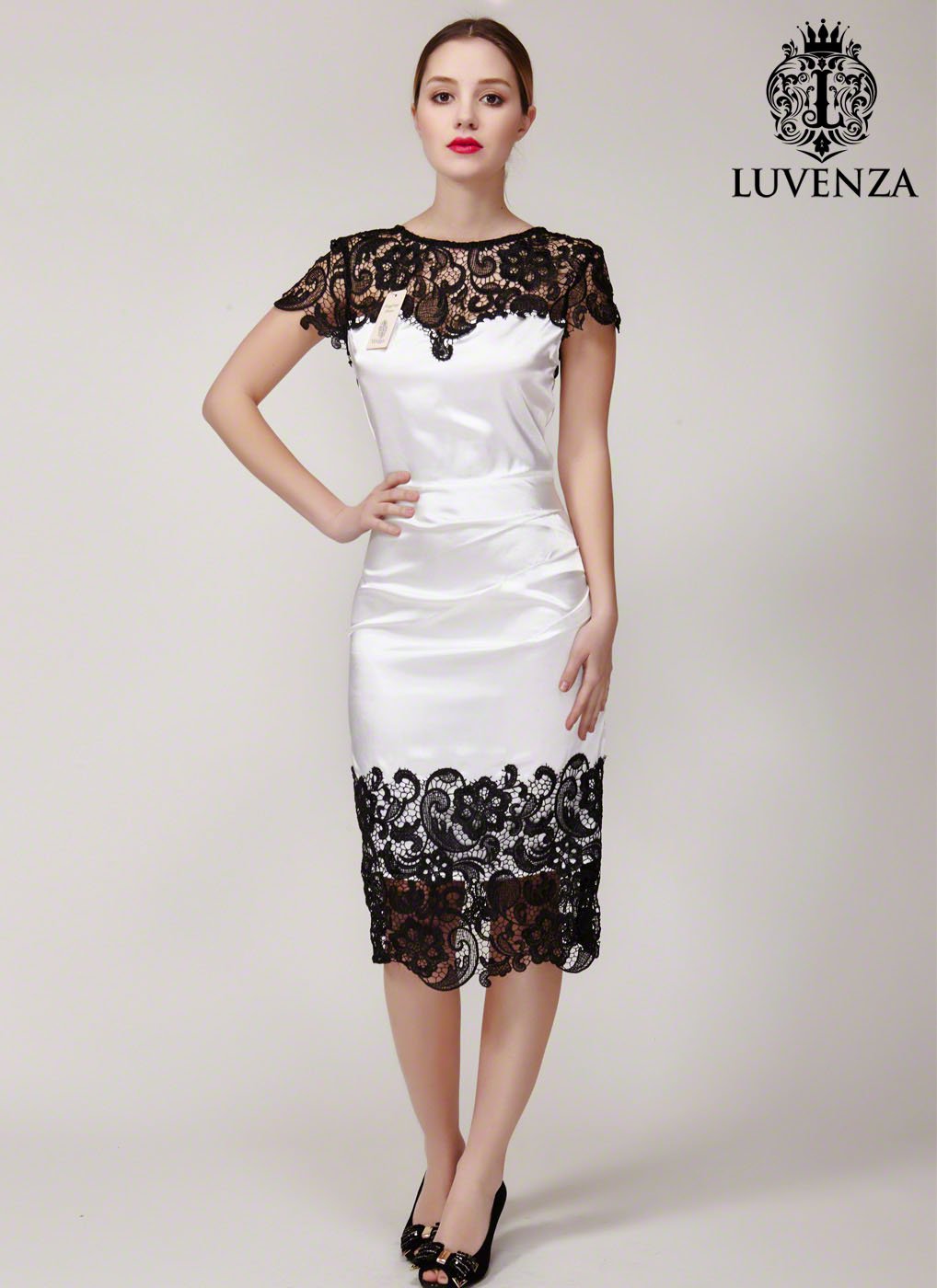 V Back White Sheath Mini Dress with Black Lace Cap Sleeve and Asymmetric Hem