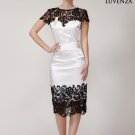 V Back White Sheath Mini Dress with Black Lace Cap Sleeve and Asymmetric Hem