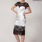 V Back White Sheath Mini Dress with Black Lace Cap Sleeve and Asymmetric Hem