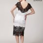 V Back White Sheath Mini Dress with Black Lace Cap Sleeve and Asymmetric Hem