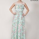 Aquamarine Floral Chiffon Maxi Dress with Sheer Organza and Flounce Details