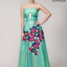 Strapless Turquoise Satin Prom Dress with Colorful Floral Lace Applique