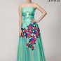 Strapless Turquoise Satin Prom Dress with Colorful Floral Lace Applique