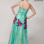 Strapless Turquoise Satin Prom Dress with Colorful Floral Lace Applique