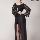 Backless Black Lace Prom Dress with Trumpet Sleeves and Layered Floor Length Organza Skirt