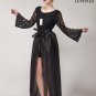Backless Black Lace Prom Dress with Trumpet Sleeves and Layered Floor Length Organza Skirt