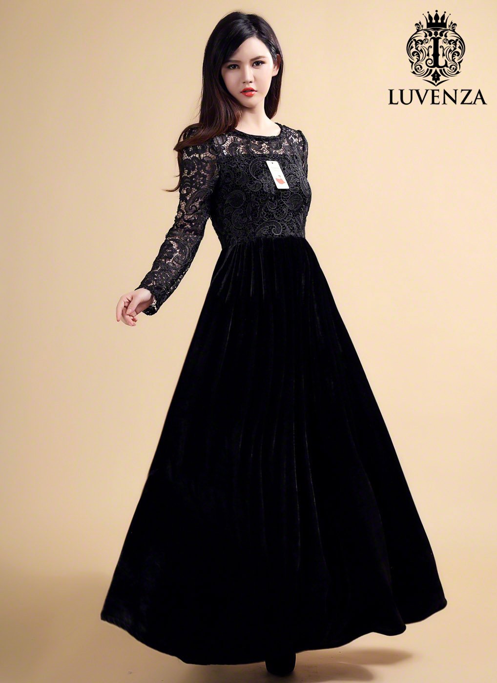 Long Sleeve Black Maxi Length Floral Lace Bodice and Velvet Skirt Formal Evening Gown