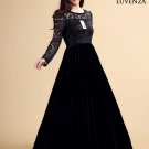 Long Sleeve Black Maxi Length Floral Lace Bodice and Velvet Skirt Formal Evening Gown