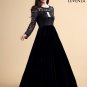 Long Sleeve Black Maxi Length Floral Lace Bodice and Velvet Skirt Formal Evening Gown