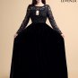 Long Sleeve Black Maxi Length Floral Lace Bodice and Velvet Skirt Formal Evening Gown