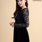 Long Sleeve Black Maxi Length Floral Lace Bodice and Velvet Skirt Formal Evening Gown