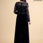 Long Sleeve Black Maxi Length Floral Lace Bodice and Velvet Skirt Formal Evening Gown