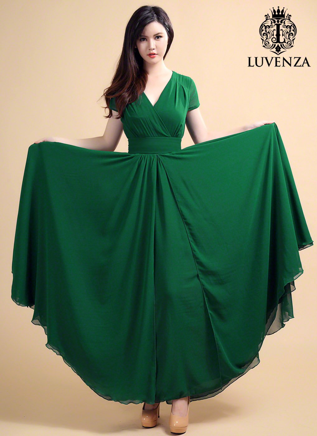 Emerald Green V Neck Maxi Length Prom Dress with Faux Surplice Bodice