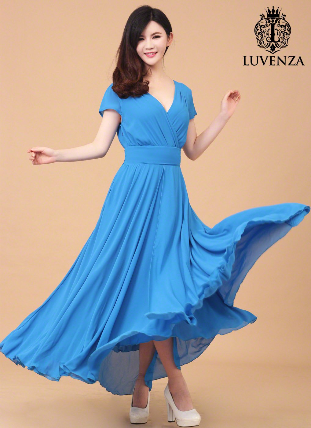 Sky Blue V Neck Maxi Length Prom Dress with Faux Surplice Bodice