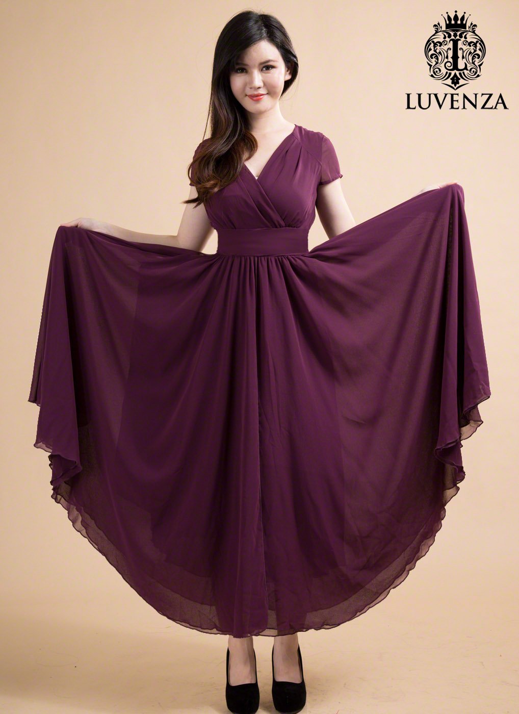 Dark Purple V Neck Maxi Length Prom Dress with Faux Surplice Bodice