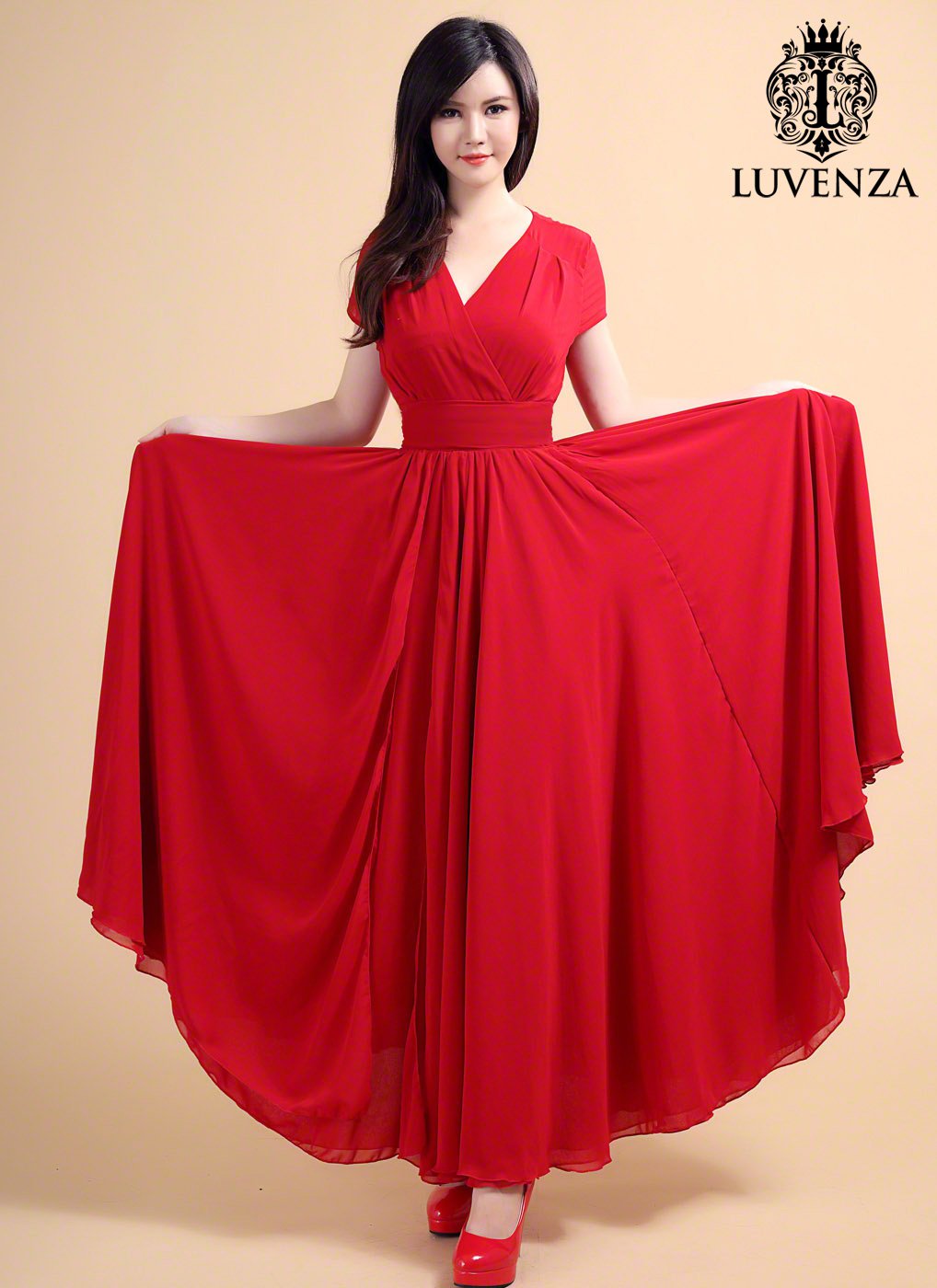 Red V Neck Maxi Length Prom Dress with Faux Surplice Bodice