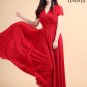 Red V Neck Maxi Length Prom Dress with Faux Surplice Bodice