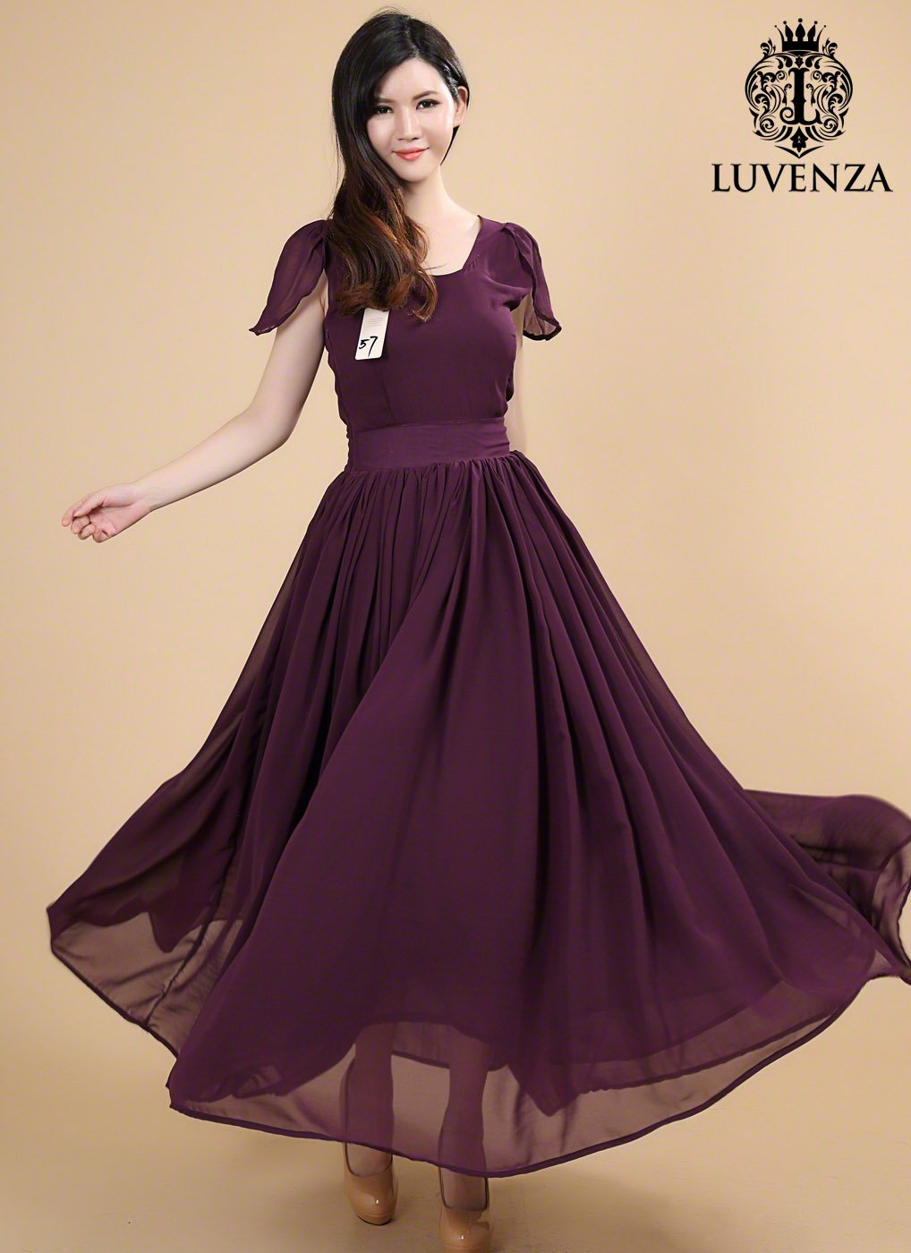 Dark Purple Maxi Length Chiffon Prom Dress with Modest V Neckline and Leaf Sleeves