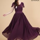 Dark Purple Maxi Length Chiffon Prom Dress with Modest V Neckline and Leaf Sleeves