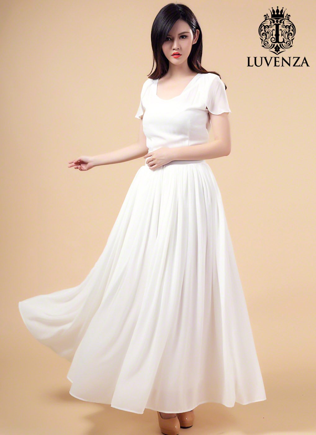 White Maxi Length Chiffon Prom Dress with Modest V Neckline and Leaf Sleeves