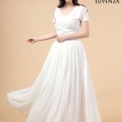 White Maxi Length Chiffon Prom Dress with Modest V Neckline and Leaf Sleeves