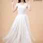 White Maxi Length Chiffon Prom Dress with Modest V Neckline and Leaf Sleeves