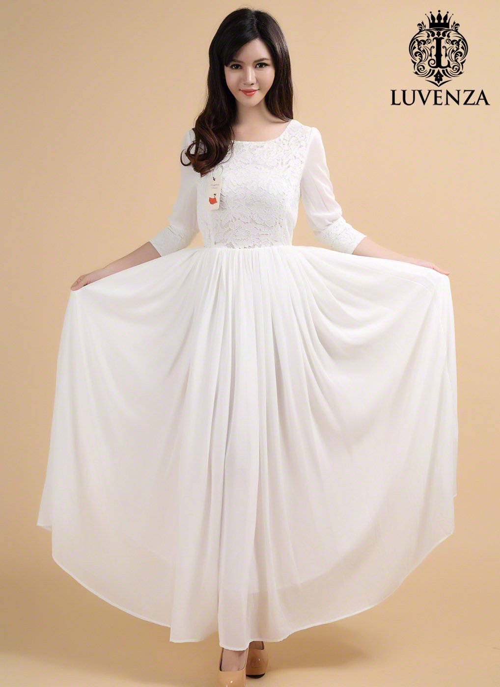 Vintage Style White Maxi Length Chiffon Wedding Dress with Lace Bodice Style