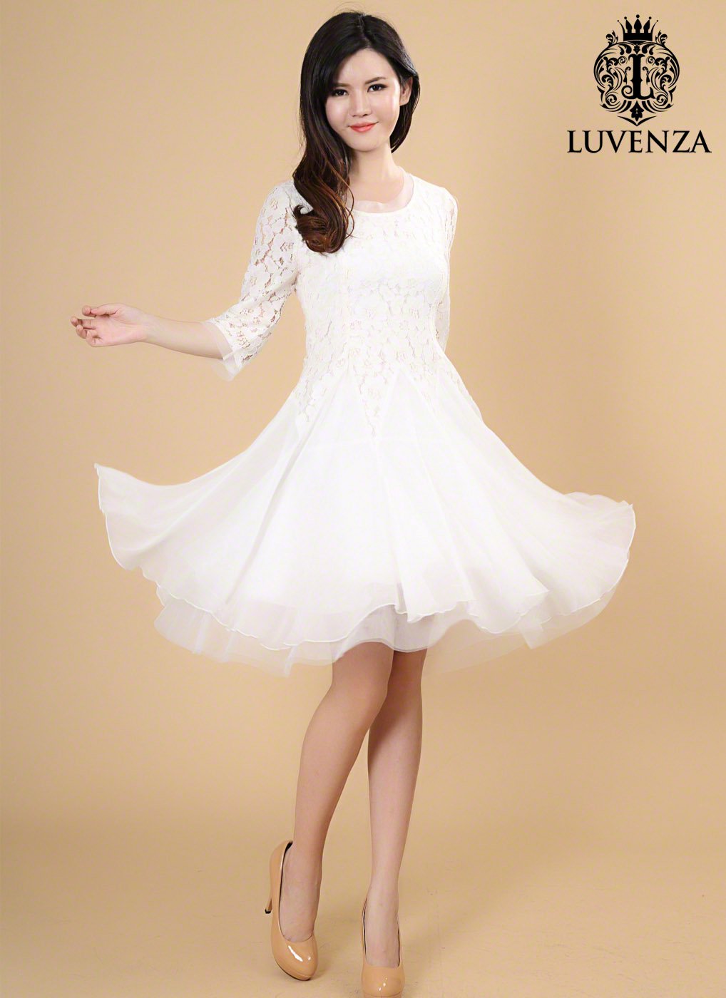White Lace Mini Dress with Layered Skirt Fit and Flare Dress